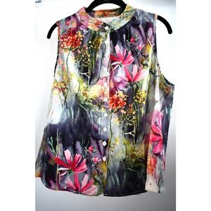 Women's Floral Print Button Front Sleeveless Top Blouse Multicolor Size Large